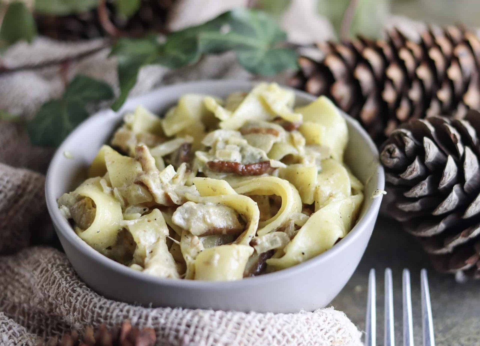 tagliatelle with porcini mushrooms served in a bowl