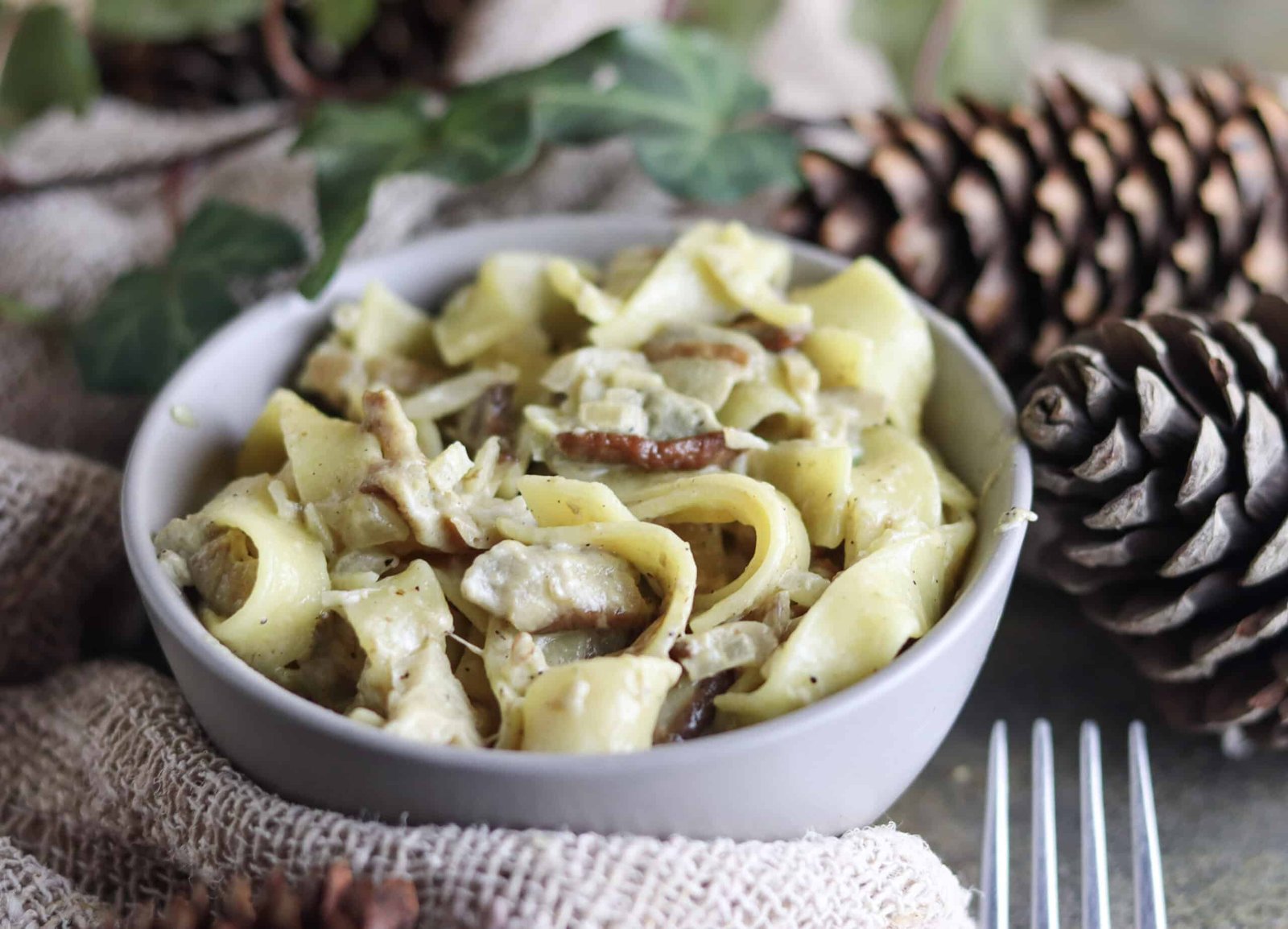 tagliatelle with porcini mushrooms served in a bowl