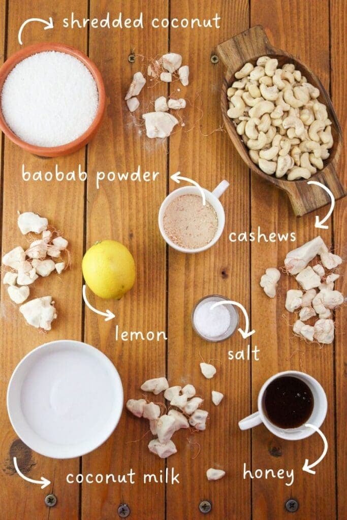 gathering ingredients for baobab bites: baobab powder, coconut, cashews, honey, coconut milk, lemon zest and salt 