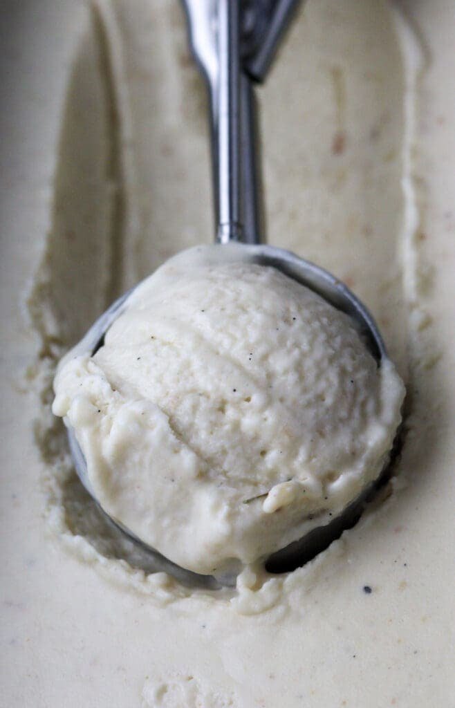 A scoop of baobab ice cream, a refreshing, cold baobab dessert
