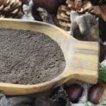 Dried black trumpet mushroom, turned into black trumpet powder in a wooden bowl with with black trumpet mushrooms, chestnuts and pine cones in the background.
