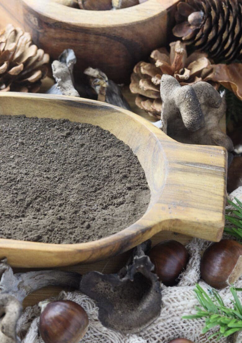 Dried black trumpet mushroom, turned into black trumpet powder in a wooden bowl with with black trumpet mushrooms, chestnuts and pine cones in the background.