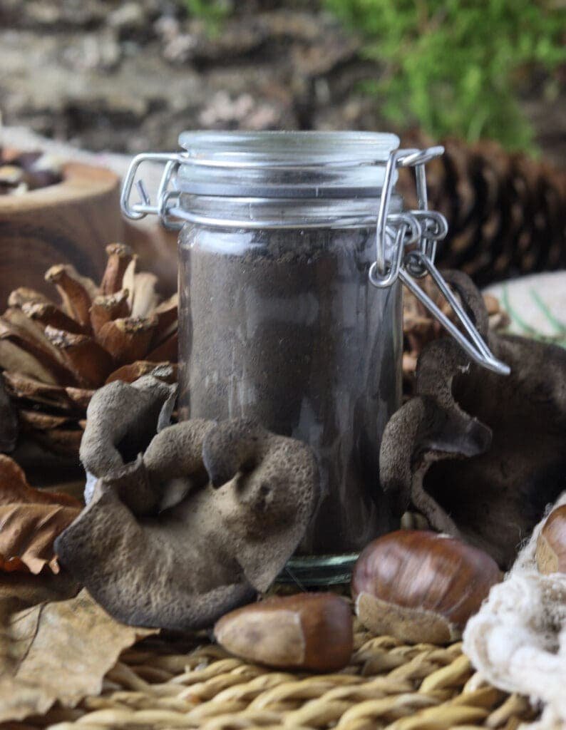 A small jar of black trumpet powder with fresh black trumpets and pine scones in the background