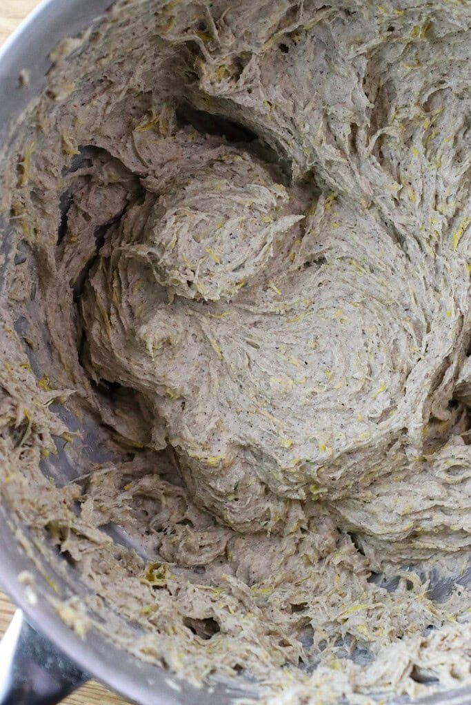 Dandelion buckwheat batter before being transfered to a loaf baking pan. 