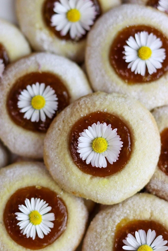 Dandelion cookies with appricot jam, ready to be served and eaten.