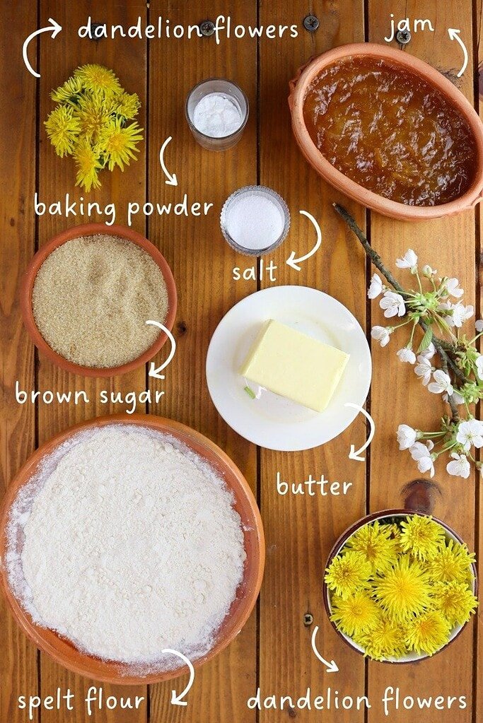 Ingredients for dandelion cookies: dandelion flowers, spelt flour, butter, apricot jam, orange zest, brown sugar, baking powder and a pinch of sea salt.