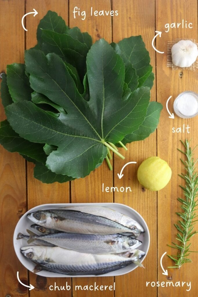 Image of ingredients needed for fig leaf wrapped grilled chub mackerel.