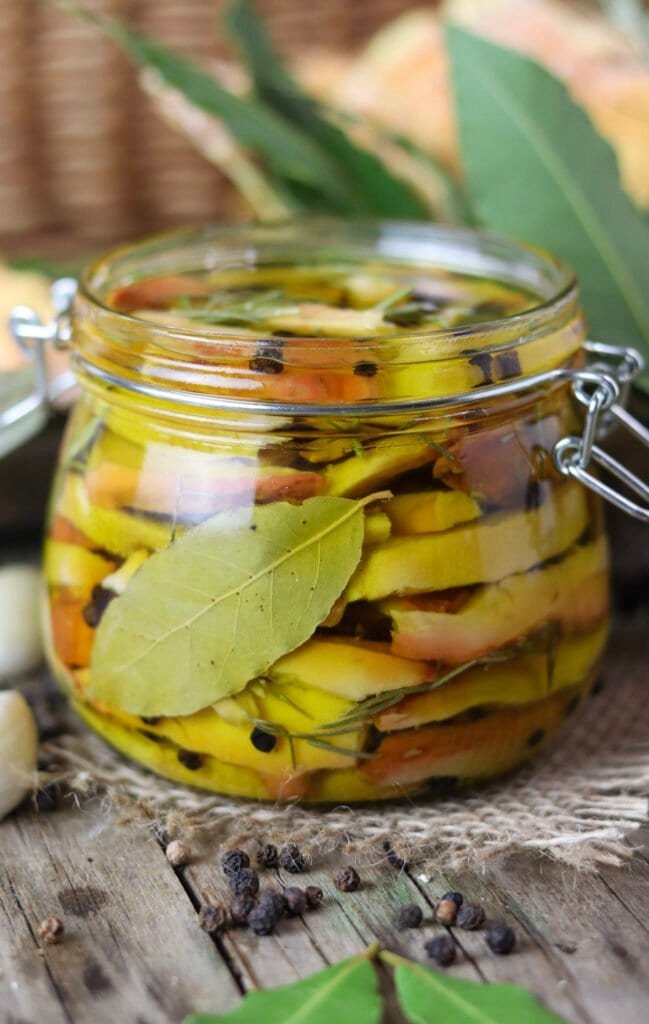 Bay leaf in a pickled chicken of the woods jar.
