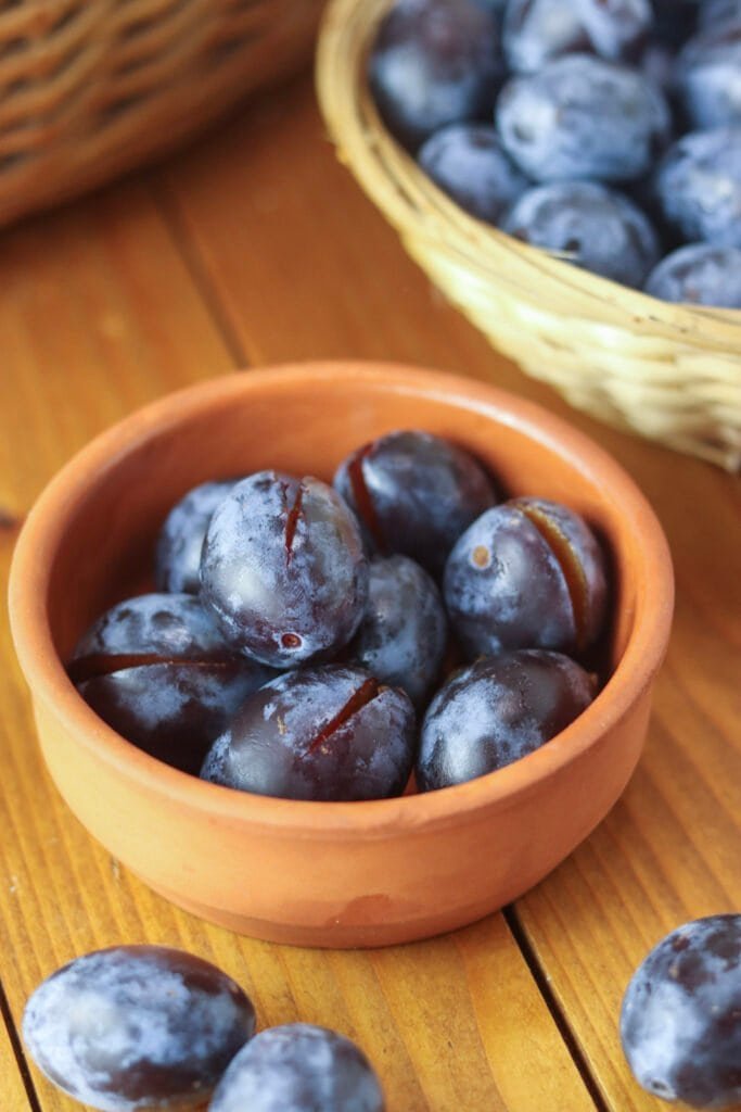 Pitted plums ready to be used for plum dumplings.