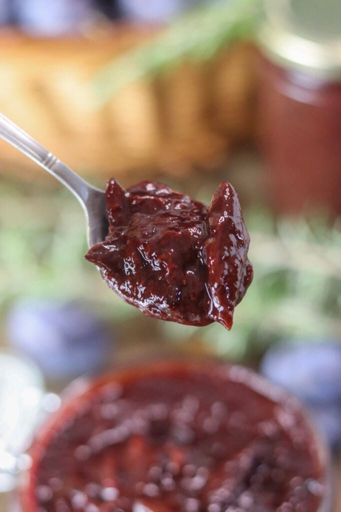 A spoonful of freshly cooked plum jam with no added sugar.
