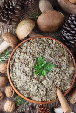 A top view of a rustic handmade bowl of buckwheat with fresh porcini mushrooms and a wooden spoon. Fresh porcini, walnuts and pine cones in the background.