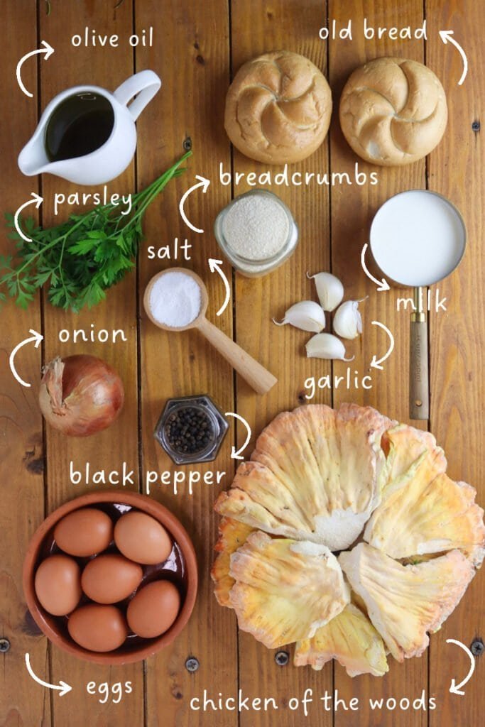 Mise en place for chicken of the woods fritters: chicken of the woods mushrooms, eggs, an onion, garlic, milk, old bread, breadcrumbs, salt, black pepper and parsley.