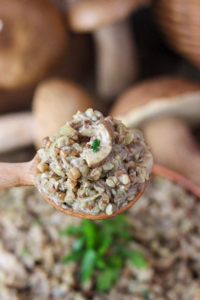 A wooden spoon with porcini and buckwheat porridge, a Slovenian nationa dish, with fresh, young porcinis and a foraging basket in the background.