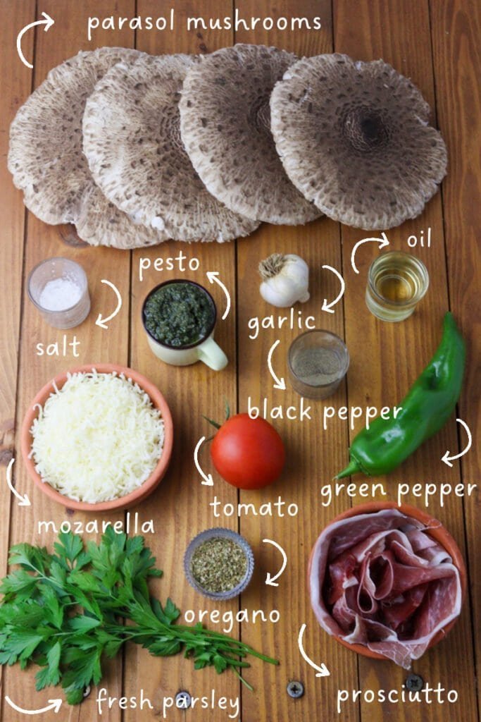 Ingreedients needed for parasol mushroom pizza: four large parasol mushrooms, mozzarella, prosciutto, pesto, olive oil, garlic, fresh parsley, salt, pepper, tomato, green pepper and oregano