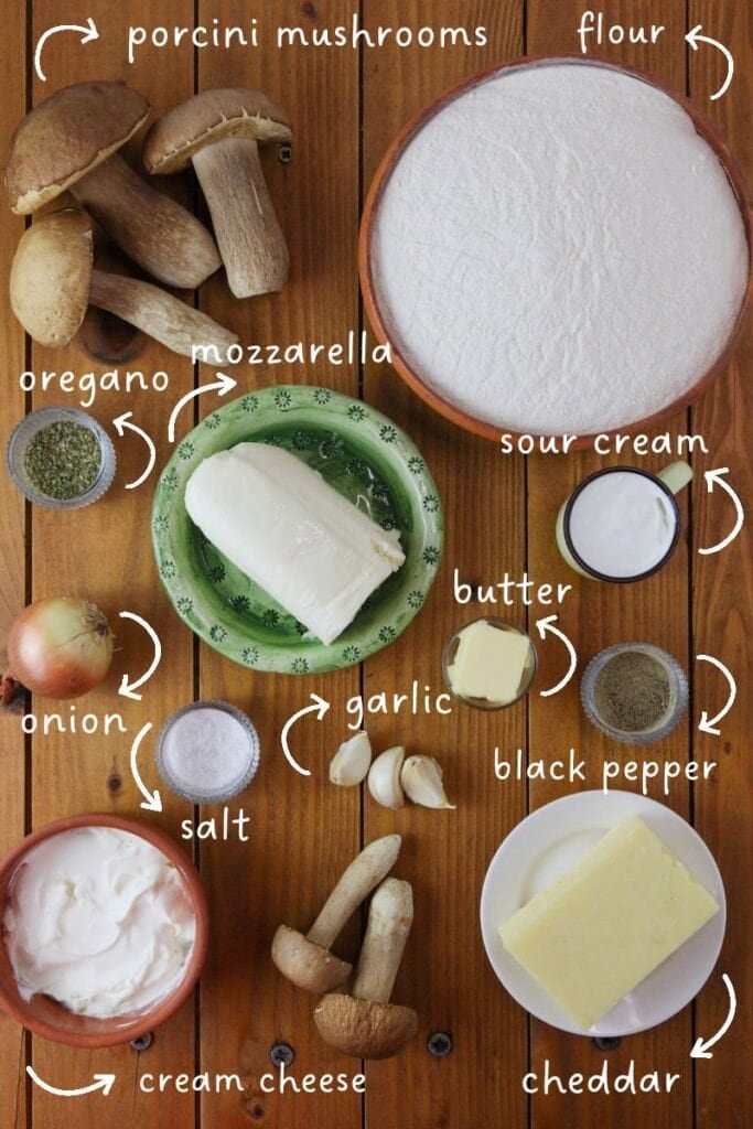 Ingredients for pizza with porcini: porcini mushrooms, flour, mozzarella, cheddar, cream cheese, sour cream, butter, onion, garlic, black pepper, salt, oregano