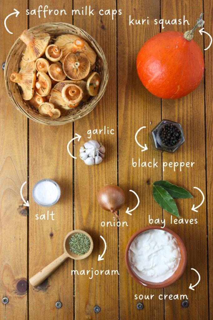 Key ingredients needed for saffron milk cap squash soup: saffron milk cap mushroom, red kuri squash, garlic, black pepper, sour cream, onion, bay leaves, salt and dried marjoram.