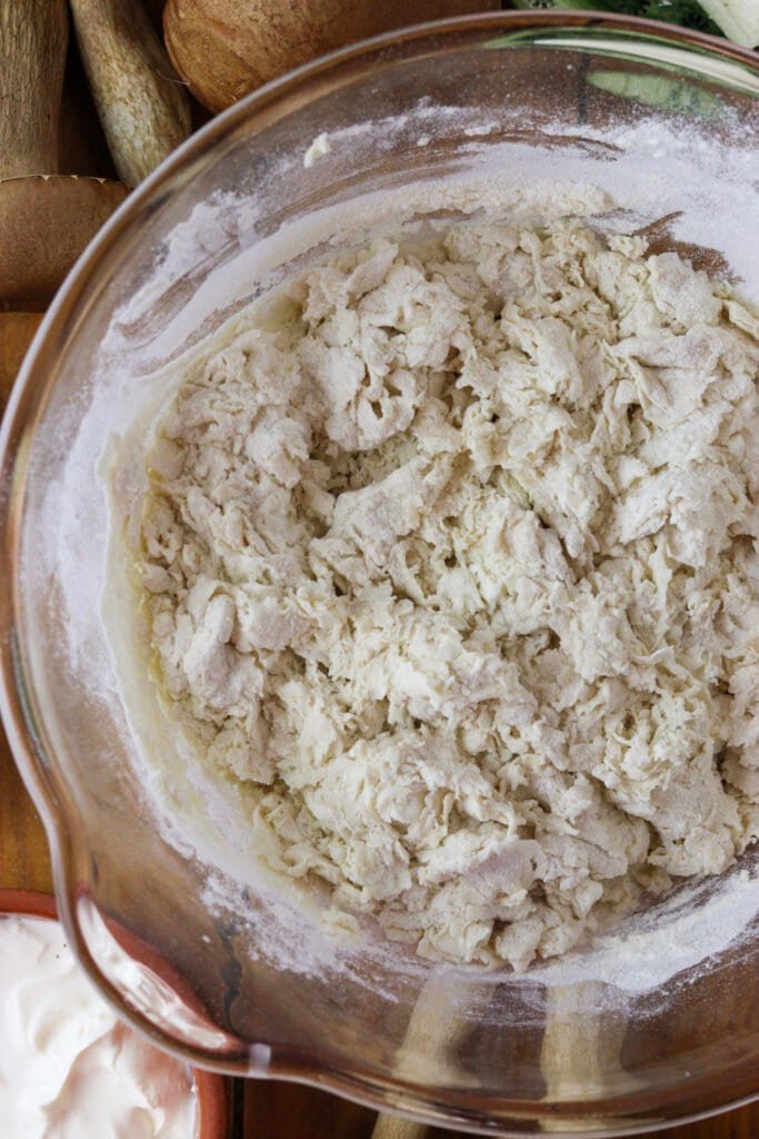 Mixing flour, activated dry yeast, a pinch of salt and warm water into the pizza dough in a large bowl.