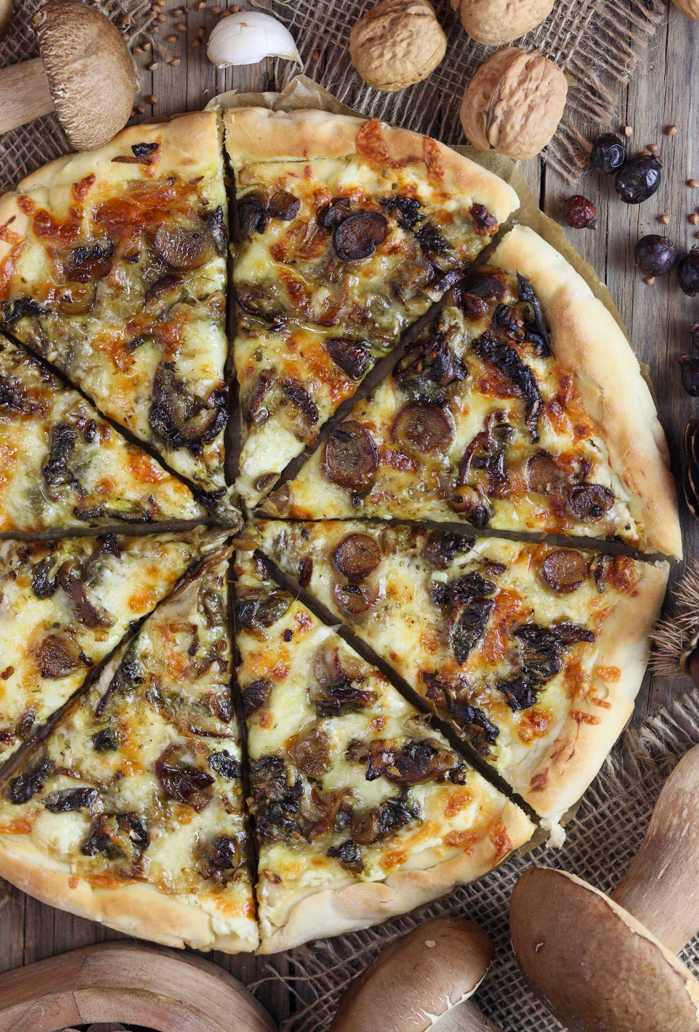 Delicious pizza with porcini recipe with mozzarella, cheddar, sour cream, garlic and oregano. A garlic clove, porcini mushrooms and walnuts in the background,