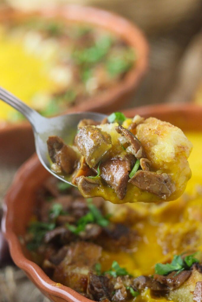 Spoonful of saffron milk cap mushroom squash soup.