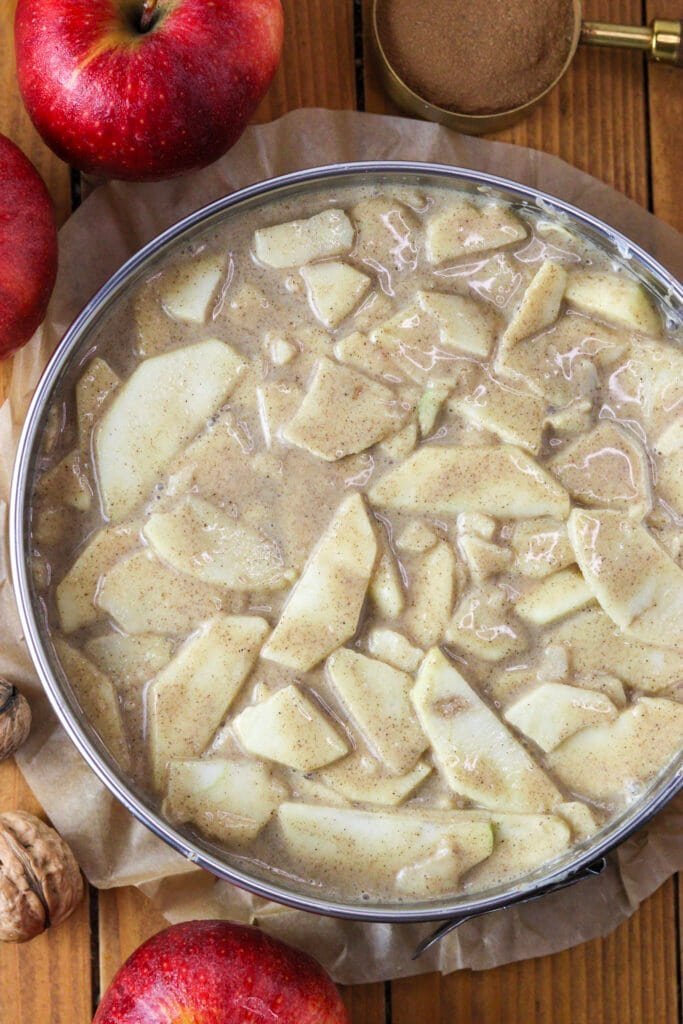 Round springform cake baking pan, lined with parchment paper and filled with buckwheat apple batter. Apples and a cup of cinnamon in the background.