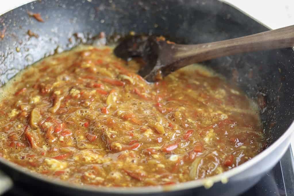 adding eggs to sataras stew