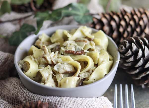 tagliatelle with porcini mushrooms served in a bowl