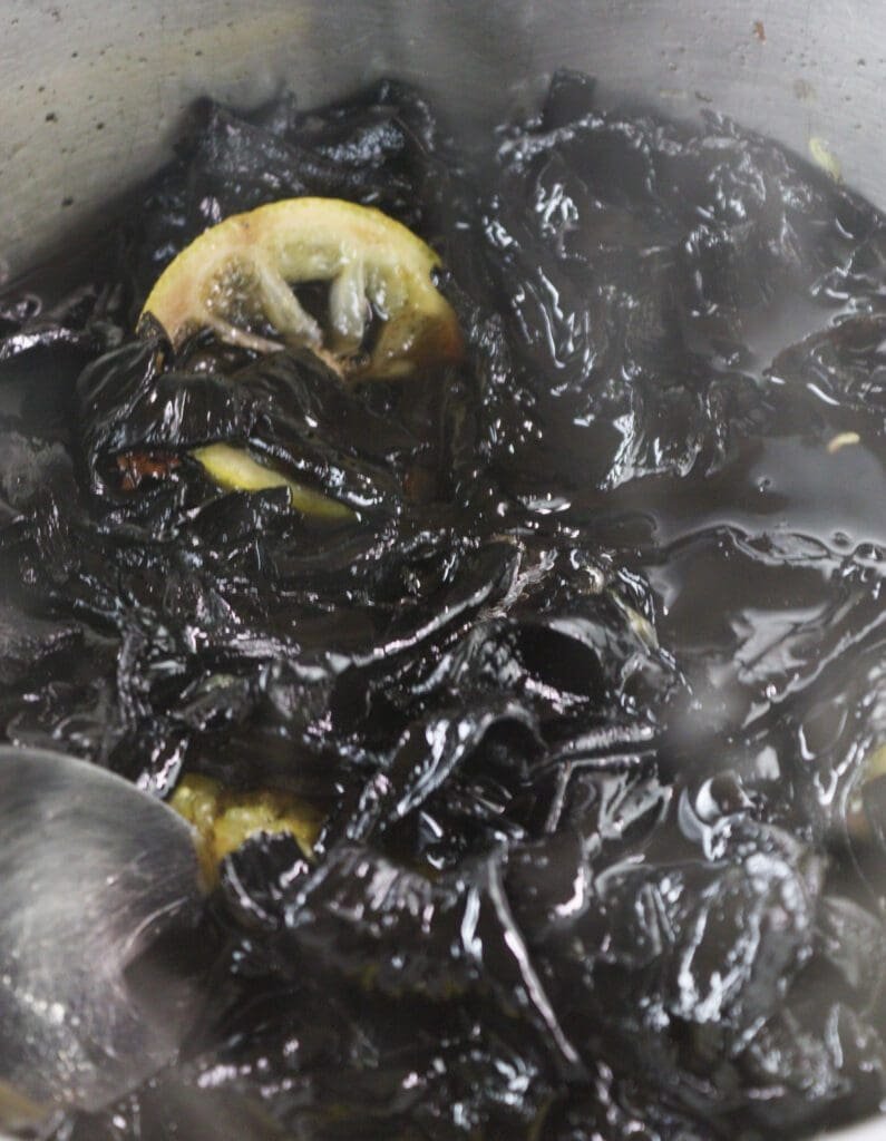 image of the jam cooked with lemon slices, ready to be filled in the jars