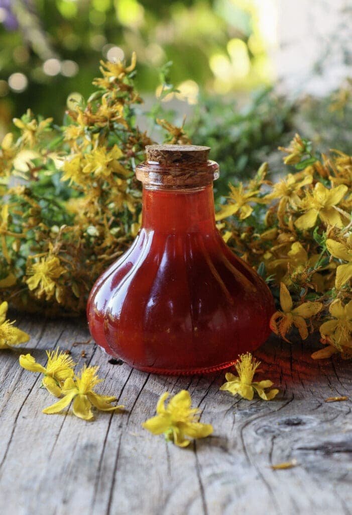 Solar infused St. John's Wort oil in a bottle
