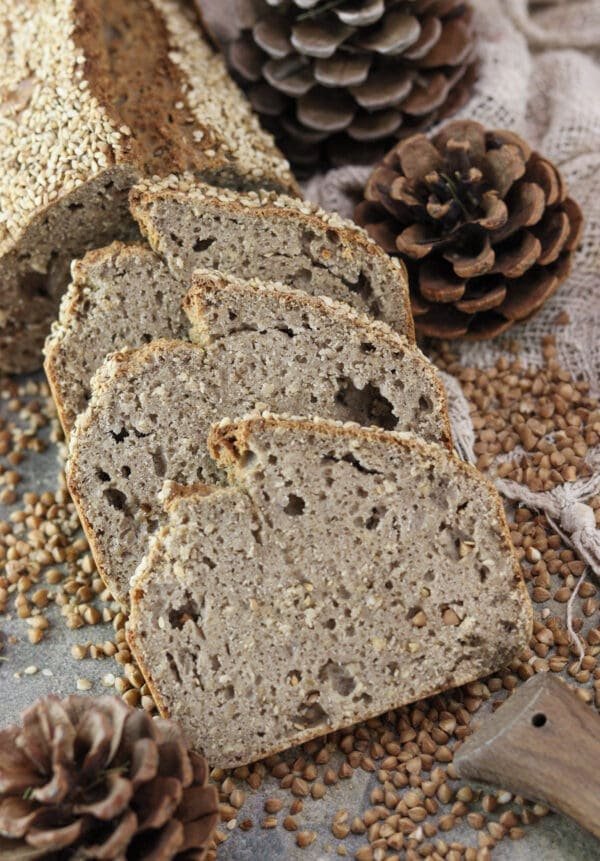 Three slices of gluten free buckwhead soda bread with yogurt