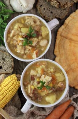 Chicken of the woods soup cooked like minestra, in two bowls