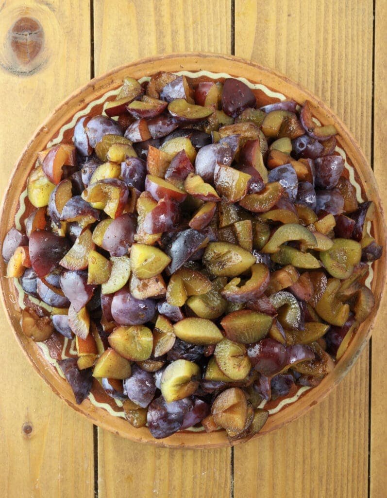 Plums sliced into smaler pieces to fit in the strudel.