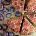 Buckwheat plum cake when turned upside down and slices into delicious servings.
