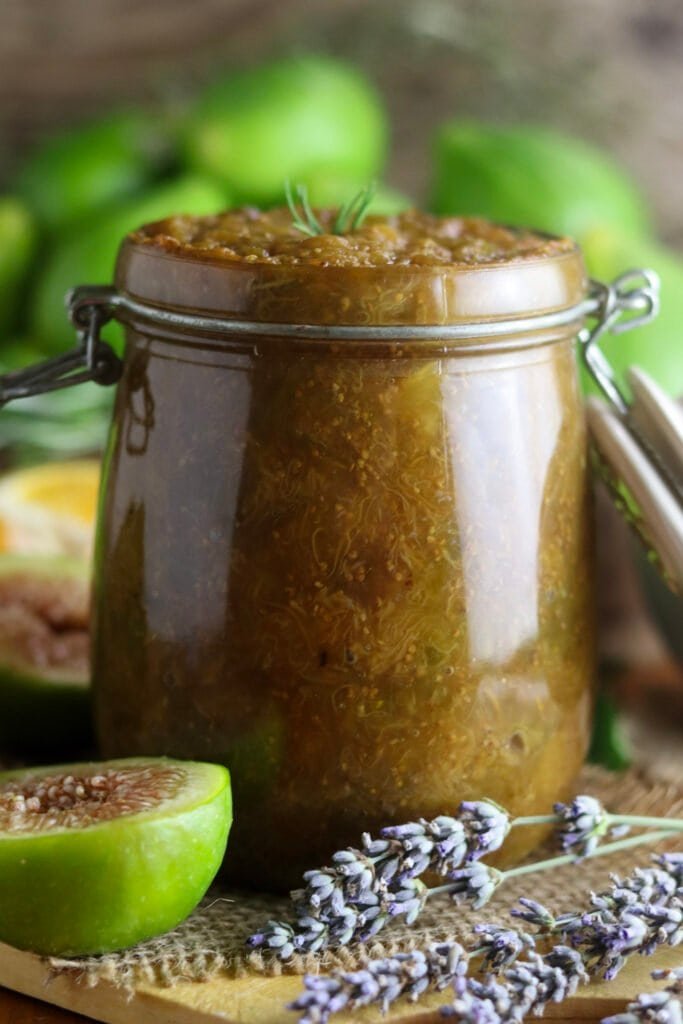 side view of a jar of sugar free fig jam for canning.