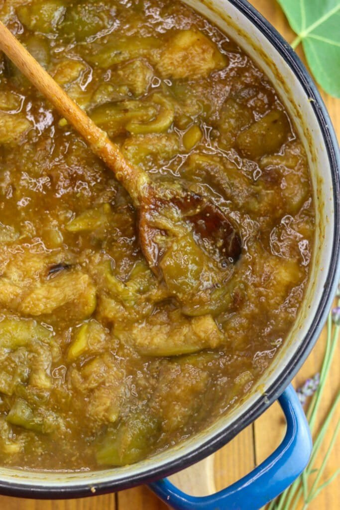 Cooking the fig jam until it reduces to a jam consistency
