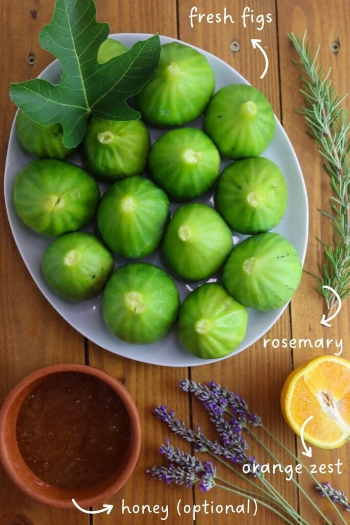 Ingredients for  sugar free fig jam: fresh figs, fresh rosemary, orange zest and optional honey 