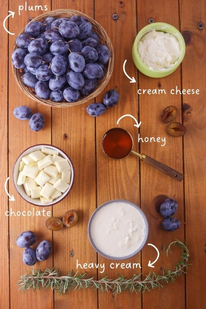 Ingredients needed for a roasted plum parfait with white chocolate: fresh plums, cream cheese, honey, white chocolate and heavy cream.